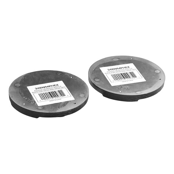 A round metal hexagon waffle plate with a barcode label.