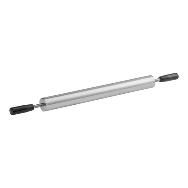 A stainless steel cylinder with black handles.