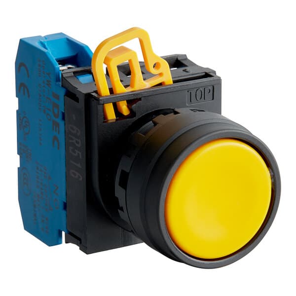 A yellow Estella push button switch for SM series with a black cover.