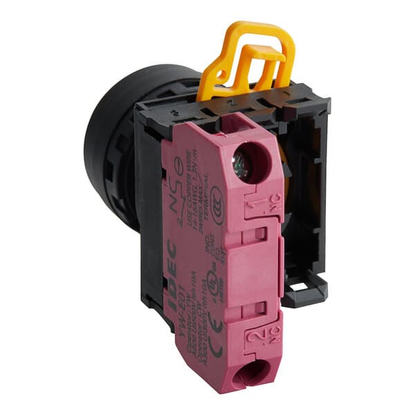 A yellow and pink Estella round push button switch with a black cover.