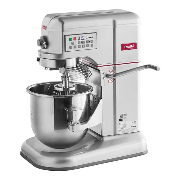 A silver Estella EMIX12G countertop mixer with a stainless steel bowl and stand.