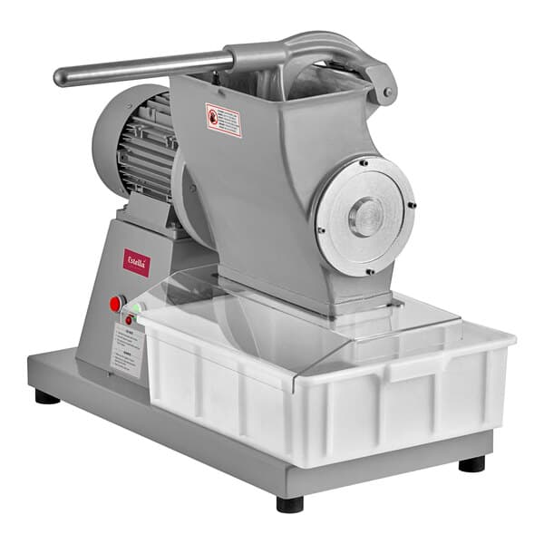 An Estella electric hard cheese grater with a circular blade in a plastic container with a clear lid.