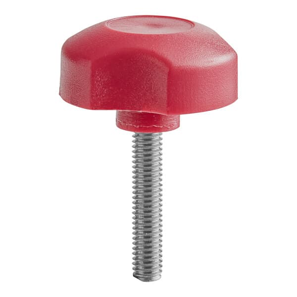 A red plastic knob with a metal bolt inside.