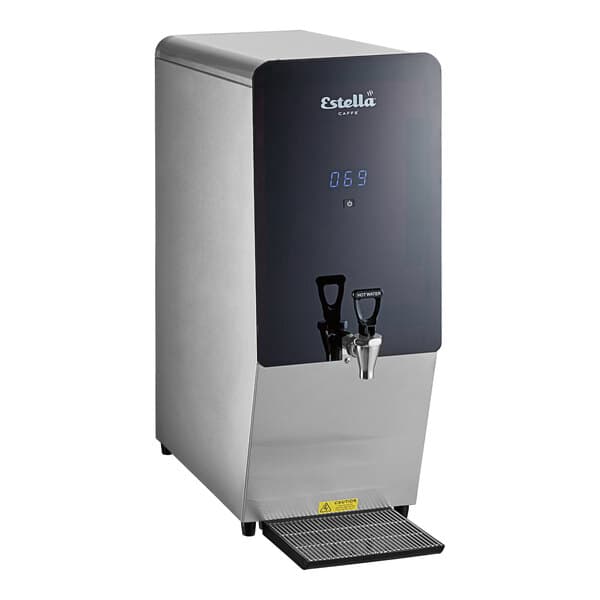A stainless steel Estella Caffe water dispenser with a digital display.