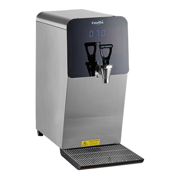 An Estella Caffe stainless steel digital hot water dispenser with a tap.
