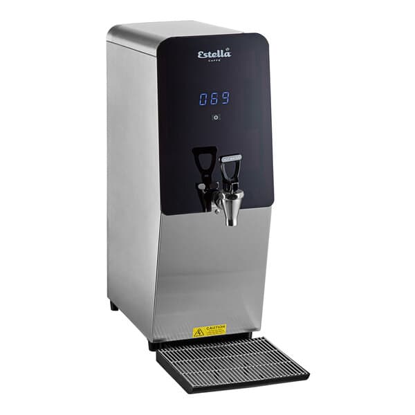 A stainless steel Estella Caffe hot water dispenser with a digital display.