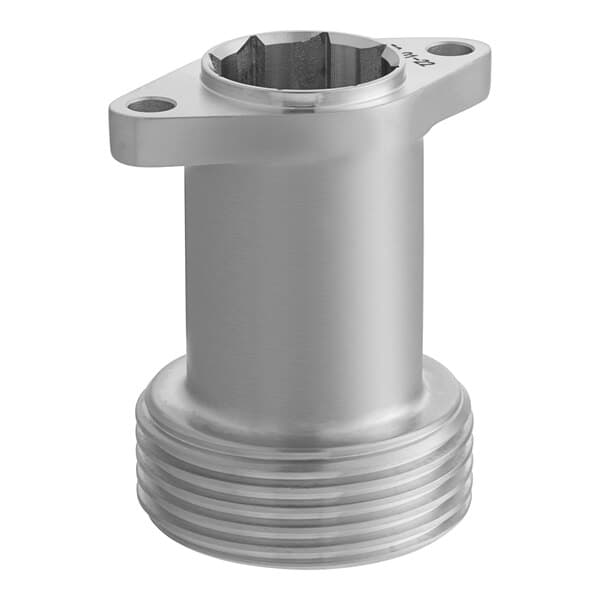 A silver metal Estella extruding head with a threaded round top.