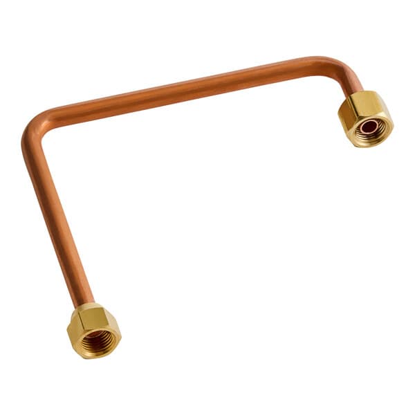 A copper pipe with two brass nuts.