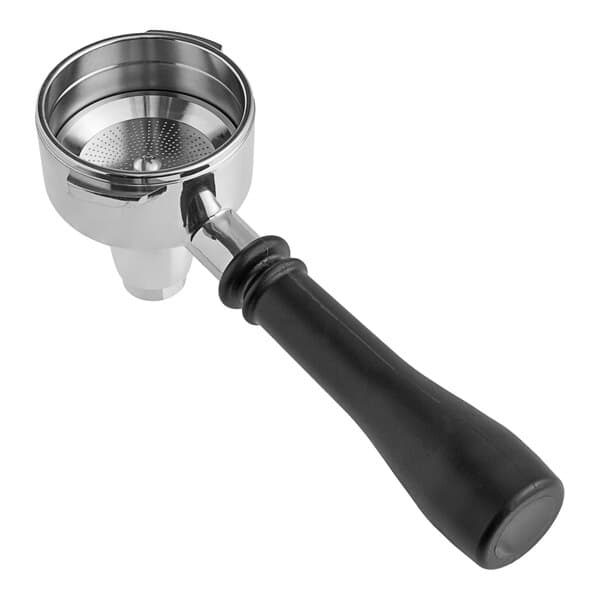 A silver and black Estella Caffe tea portafilter with a black handle.