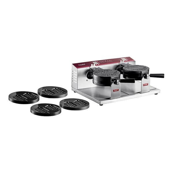 A red and black Estella Double Belgian Waffle Maker on a counter with round black discs.