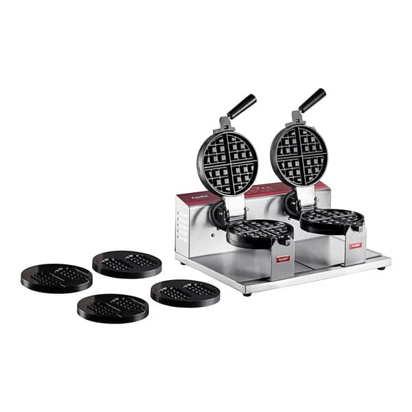 A Estella double Belgian waffle maker with honeycomb waffle plates on a restaurant counter.