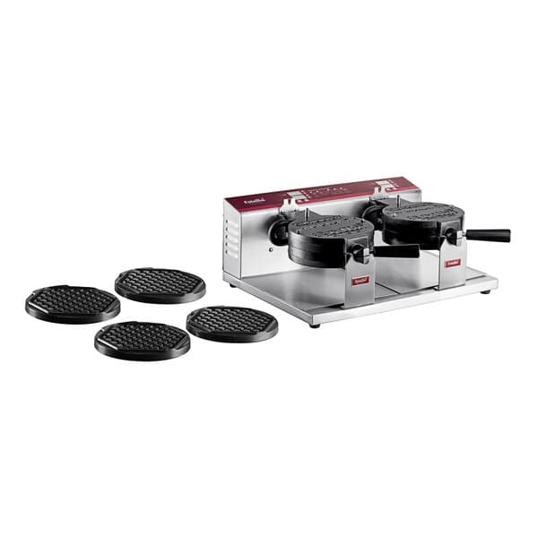 A Estella double Belgian waffle maker with hexagon waffle plates on a counter in a professional kitchen.