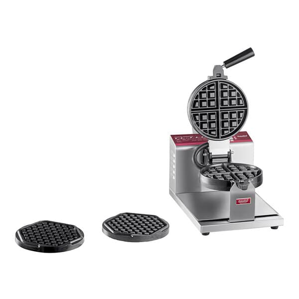 A black Estella commercial waffle maker with hexagon waffle plates.