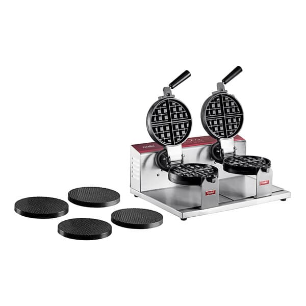 A Estella Double Belgian Waffle Maker on a counter with waffle cone plates.