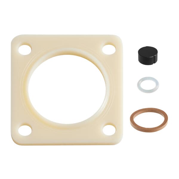 A white plastic gasket with rubber seal and washer.