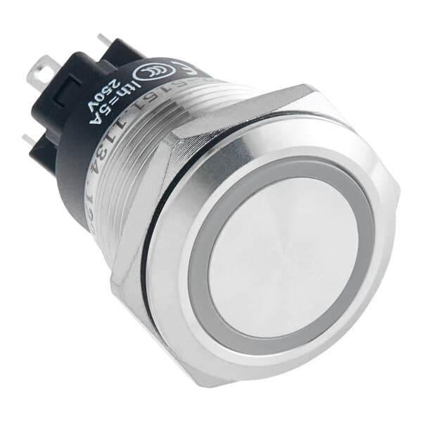 A silver stainless steel push button with a white background.