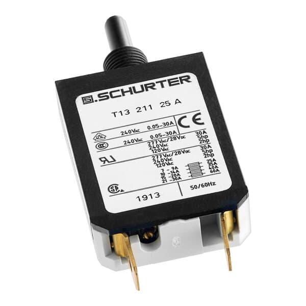 A close-up of a black and white Estella Overload Protector with a white label.