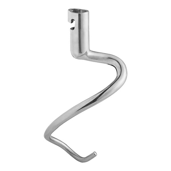 A stainless steel curved dough hook for an Estella mixer.