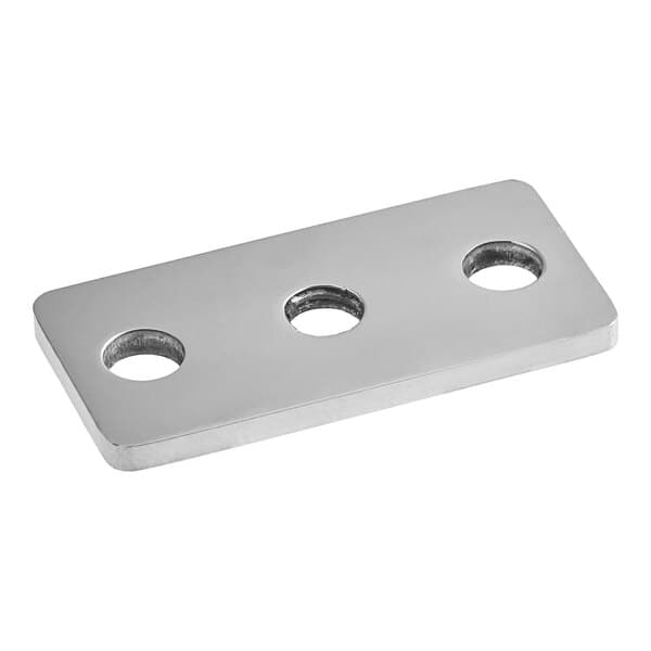 A silver metal plate with four holes.